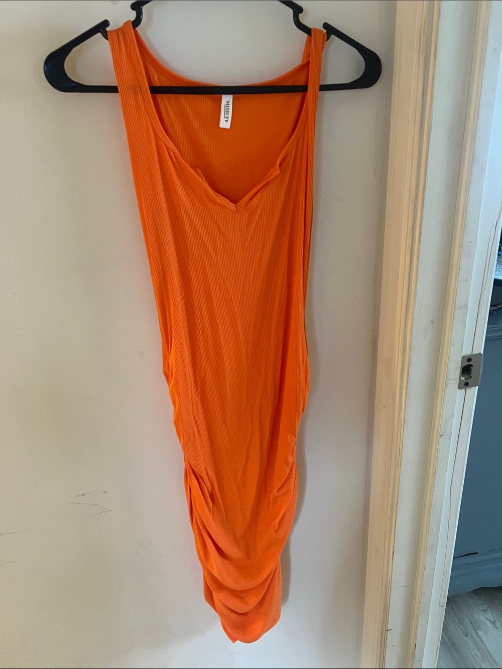 Sleeveless Orange Midi Dress with Draped Hem